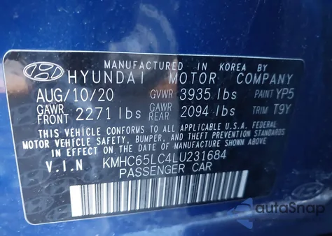 2020 Hyundai Ioniq Blue из США, поврежденный, VIN KMHC65LC4LU231684